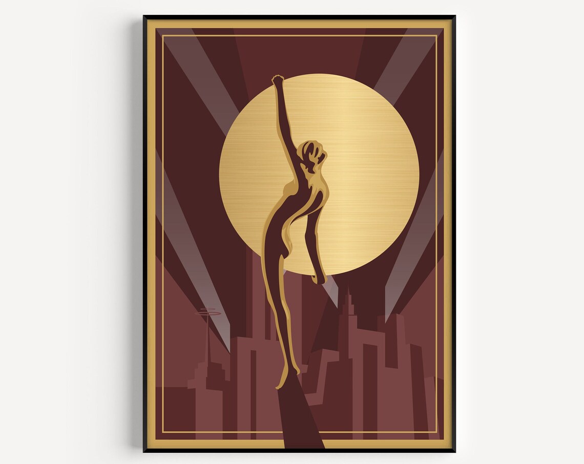Art Deco Golden Woman Silhouette City Skyline Red Gold Elegant Poster