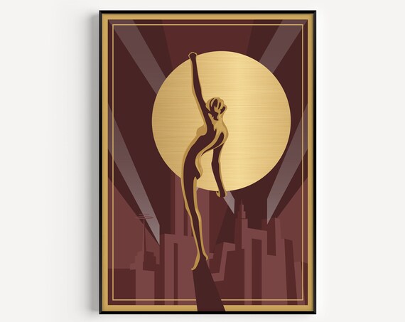 Art Deco Golden Woman Silhouette City Skyline Red Gold Elegant Poster