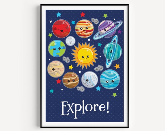 Explore Space Kids Room Print Cute Smiling Planets Stars Nursery