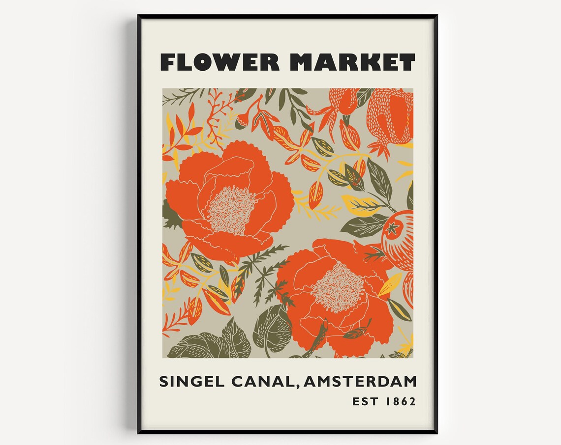 Flower Market Print, Orange Floral Rustic Pattern