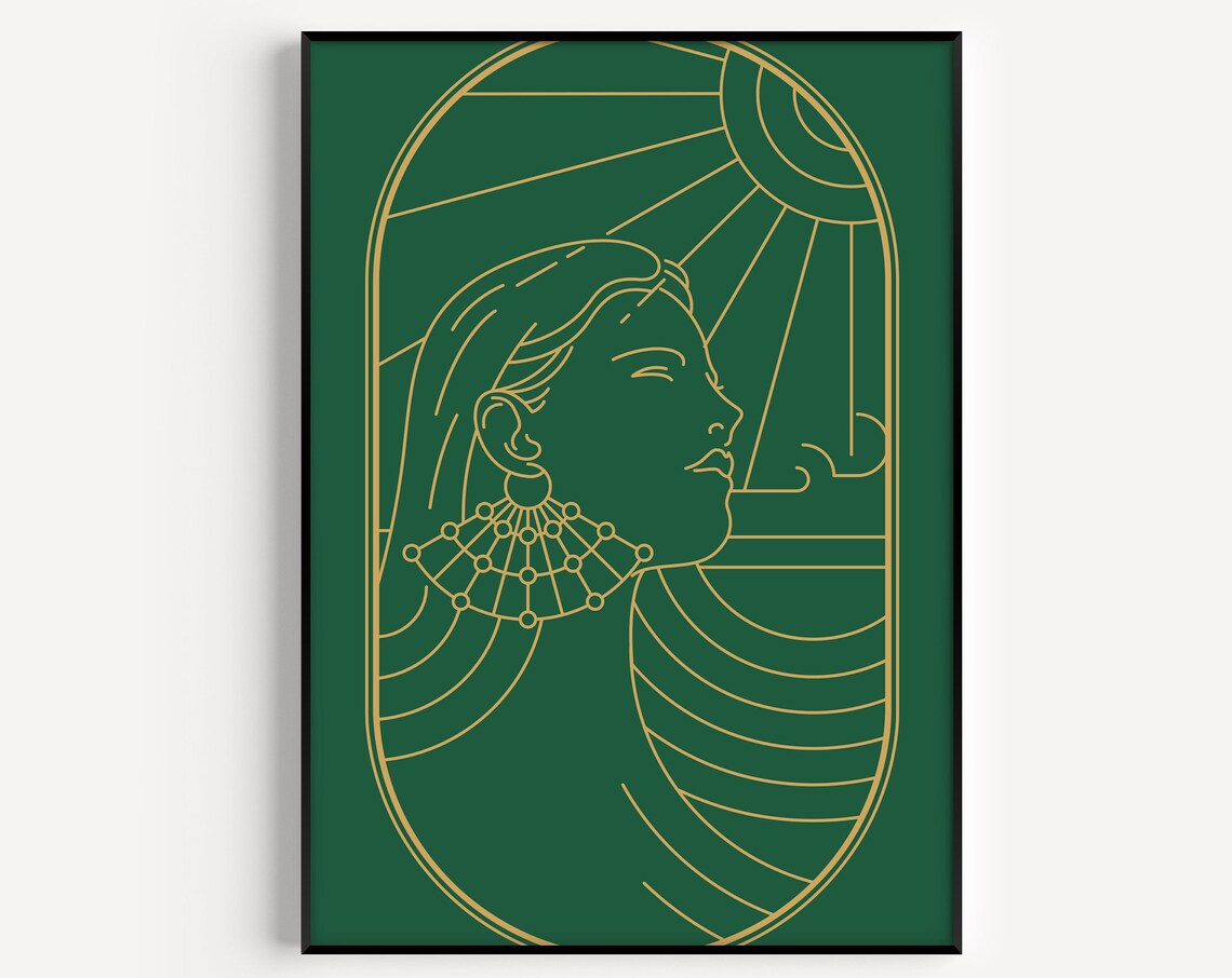 Art Deco Woman Profile Gold Line Art Emerald Green Decor Poster