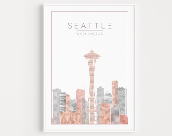 Seattle Washington Space Needle Rose Gold Skyline Travel Poster