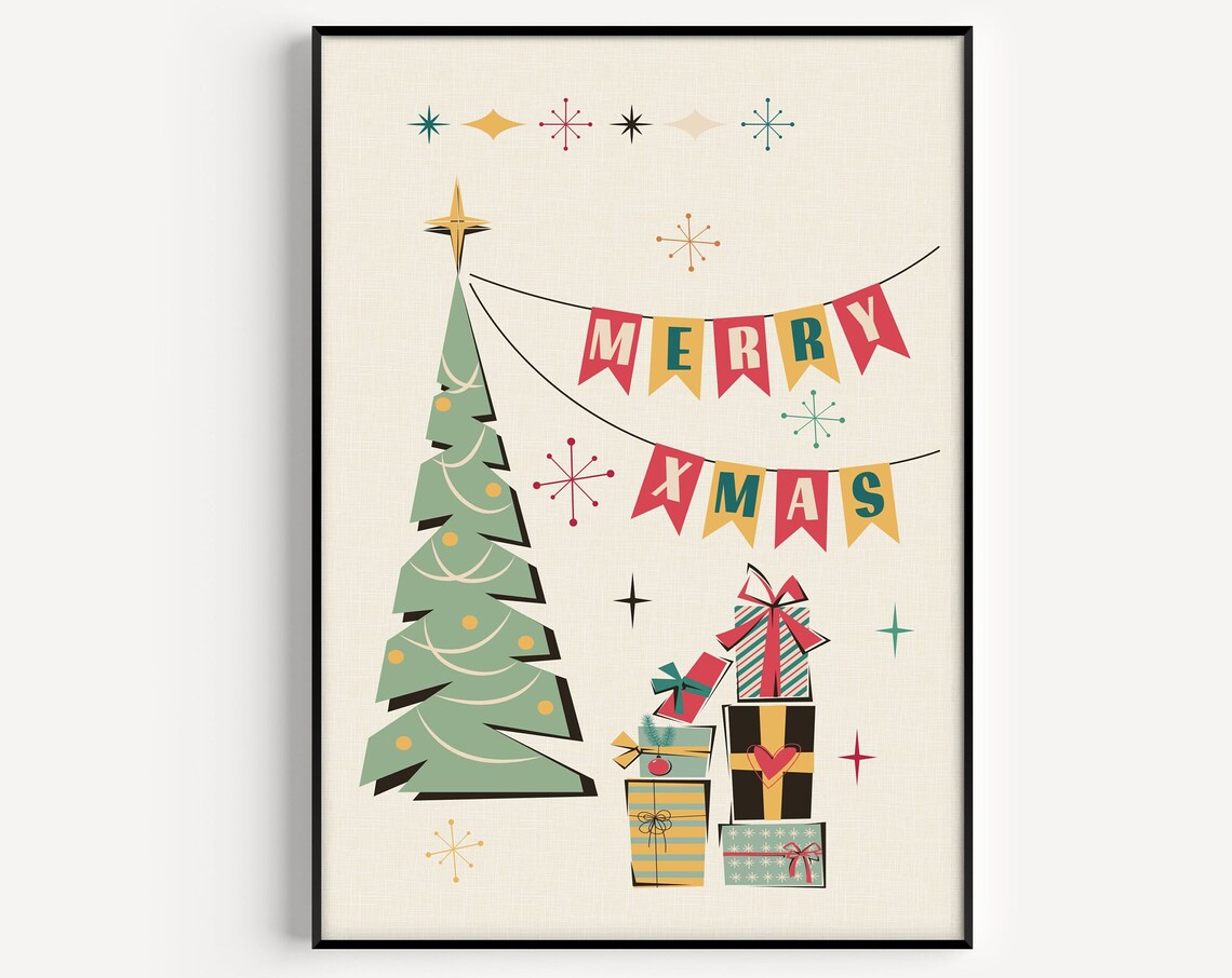 Mid Century Modern Christmas Art Print, Xmas Decor