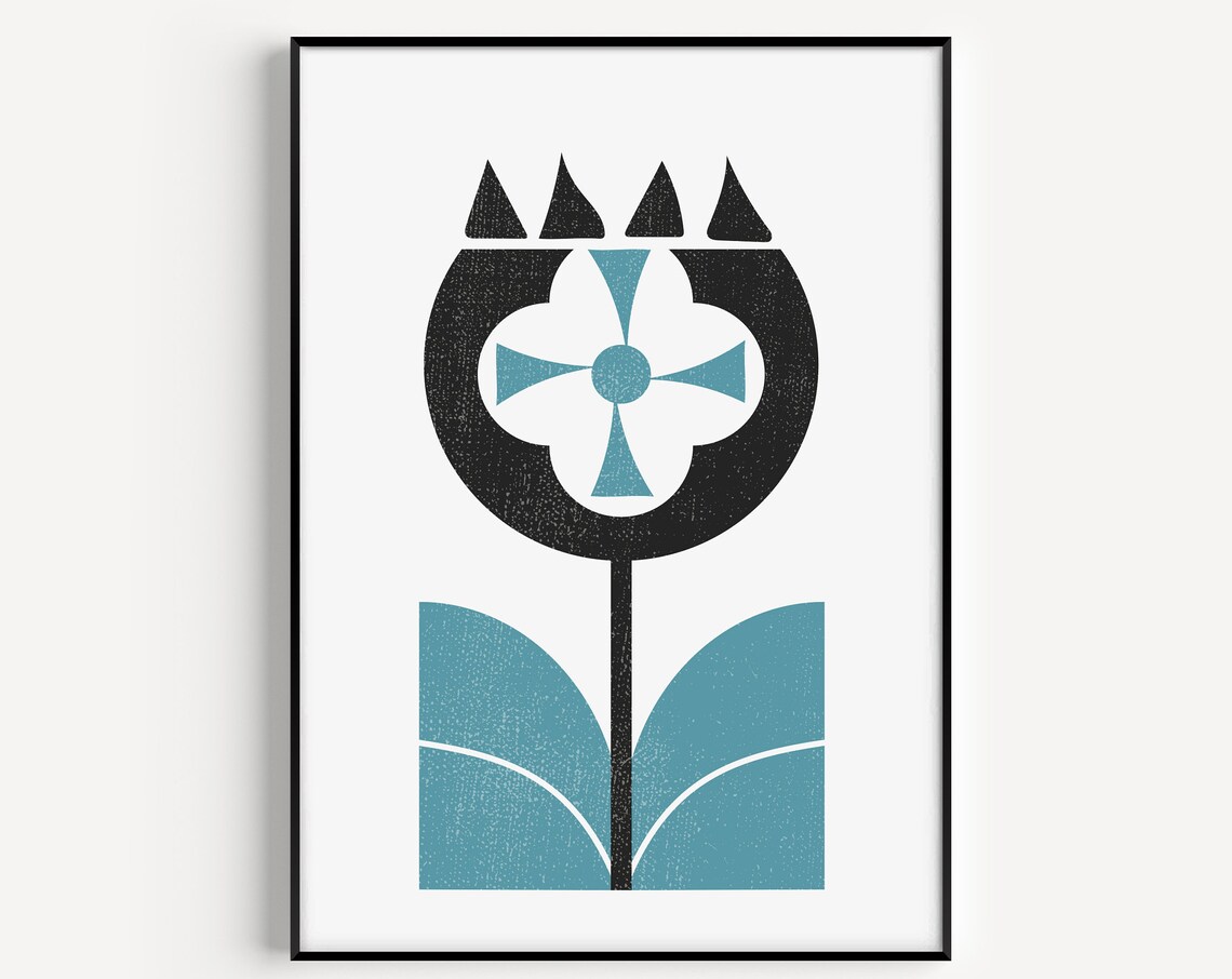 Scandinavian Black Tulip Teal Accents Minimalist Nordic Floral Poster