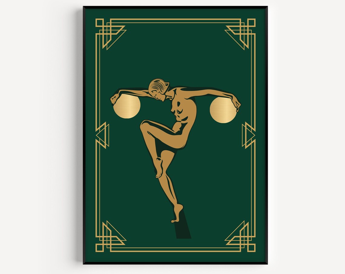 Art Deco Gold Dancer Dual Orbs Emerald Green Vintage Style Wall Art