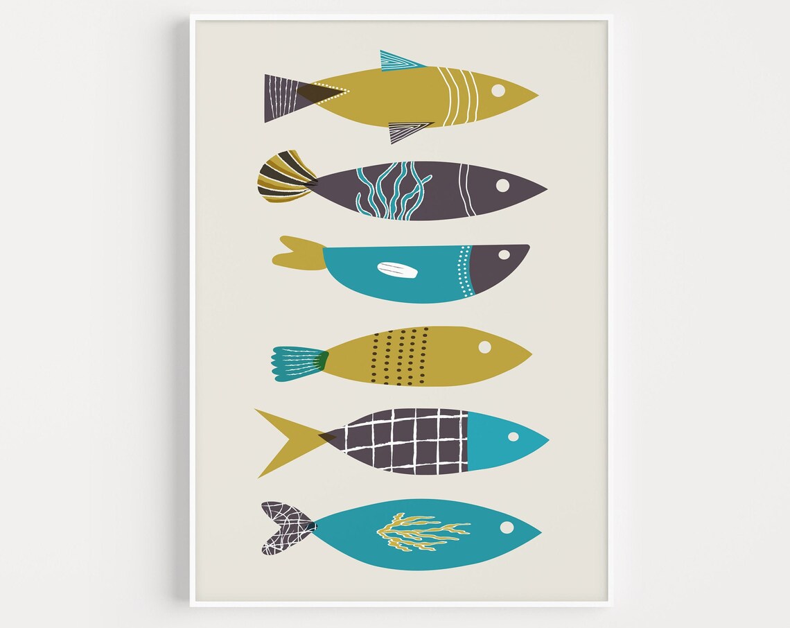 Fish Print Wall Art, Blue Scandi Minimalist Poster