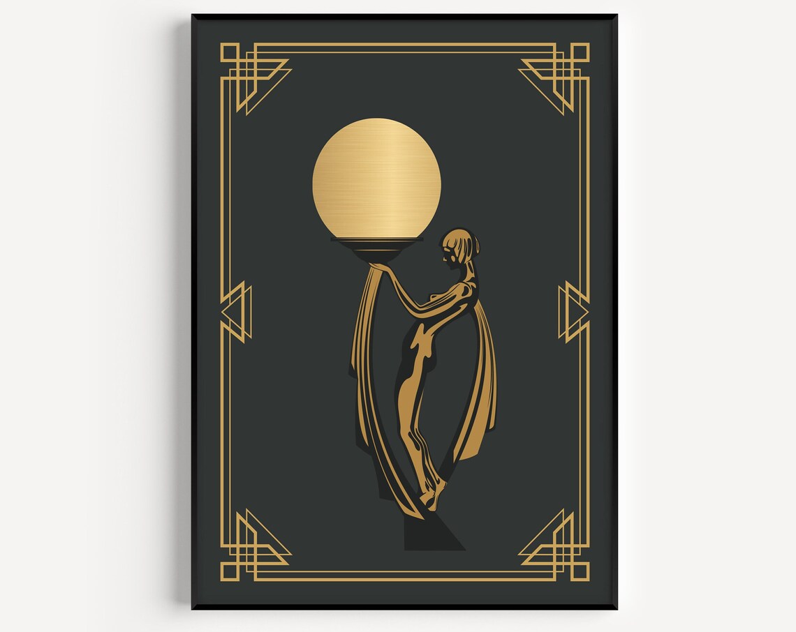 Art Deco Gold Woman Holding Globe Black Background Glamour Wall Art