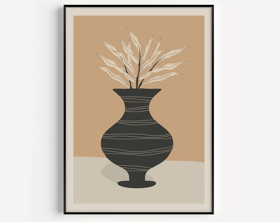 Black Ceramic Vase Cream Leaves Neutral Minimalist Botanical Poster