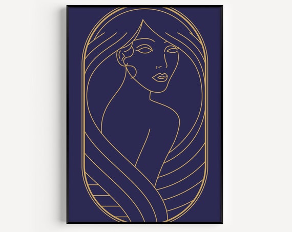 Art Deco Woman Blue Gold Art Print
