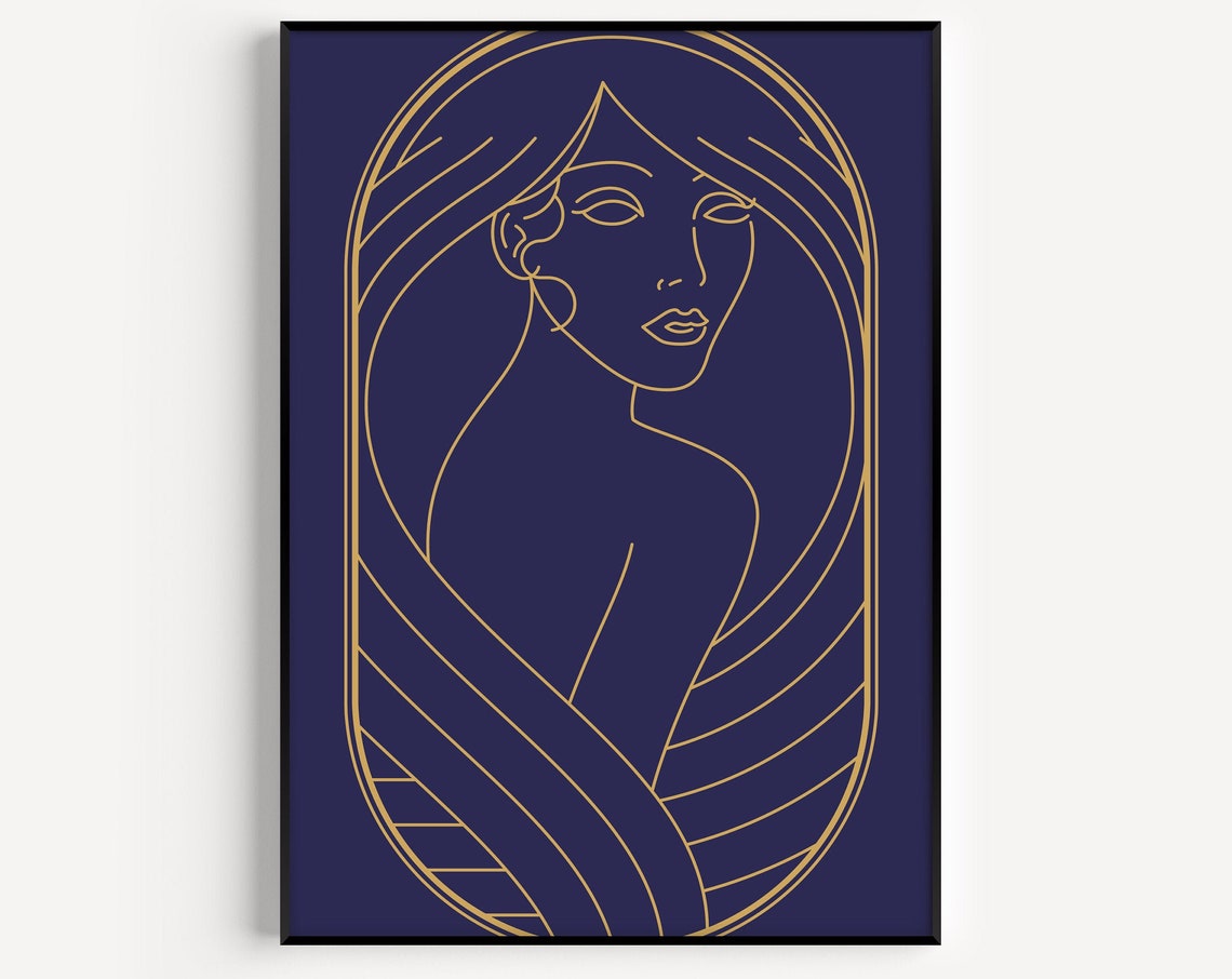 Art Deco Woman Blue Gold Art Print