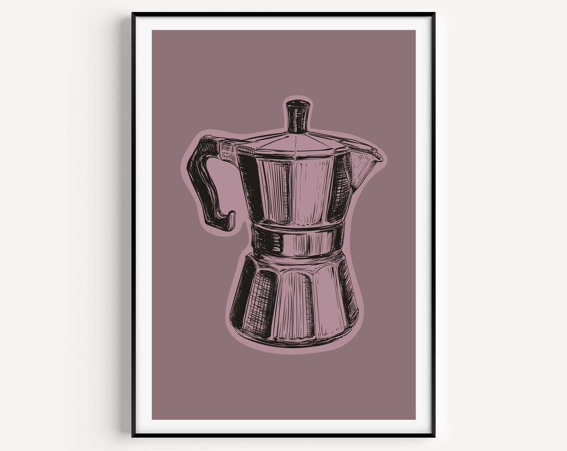 Moka Pot Espresso Maker Ink Sketch Retro Mauve Kitchen Print