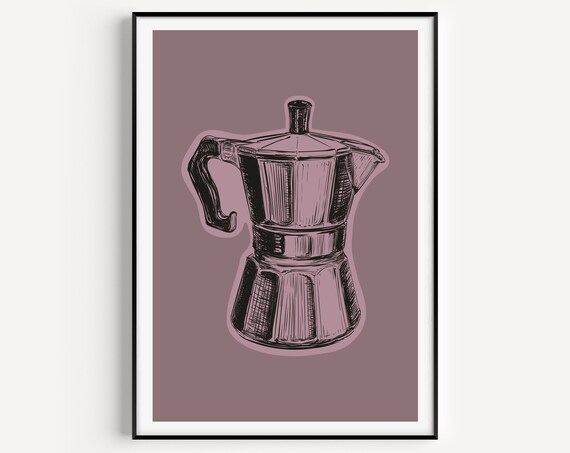 Moka Pot Espresso Maker Ink Sketch Retro Mauve Kitchen Print