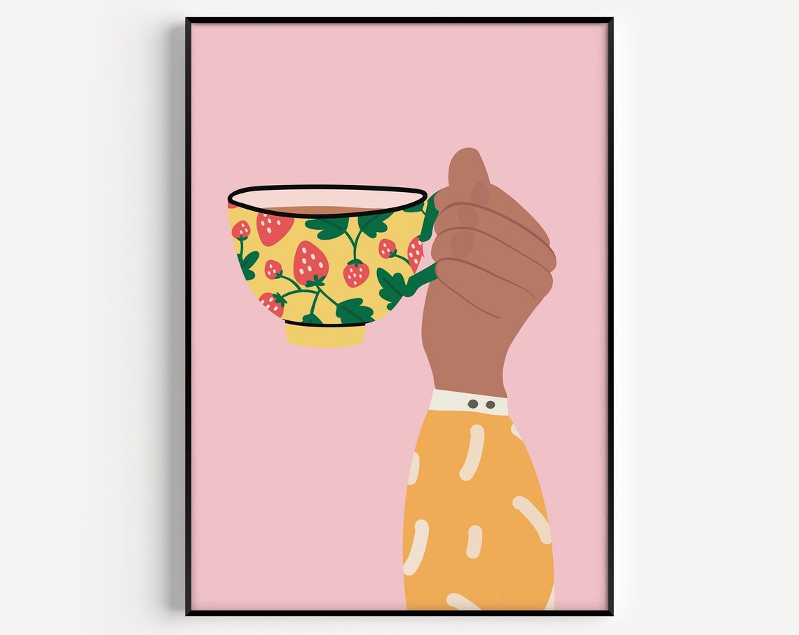 Strawberry Tea Cup Pink Cozy Illustration Cute Kitchen Wall Poster
