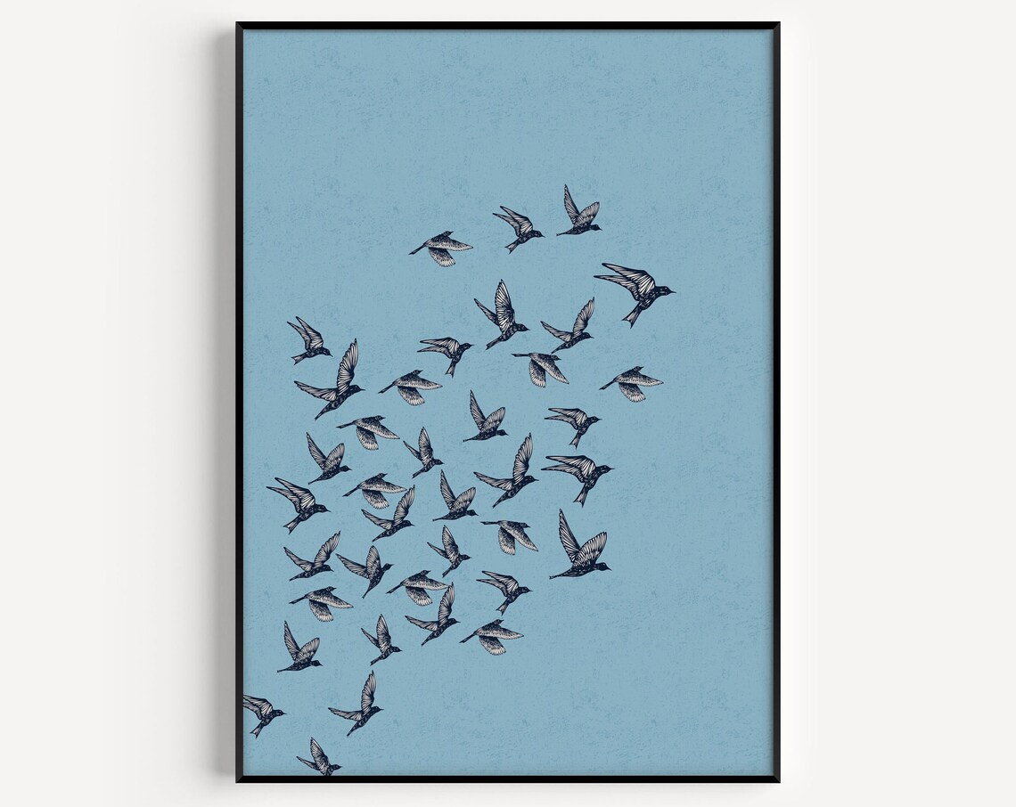 Blue Bird Wall Art Print, Minimalist Flock