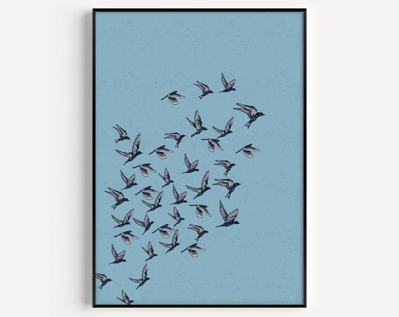 Blue Bird Wall Art Print, Minimalist Flock