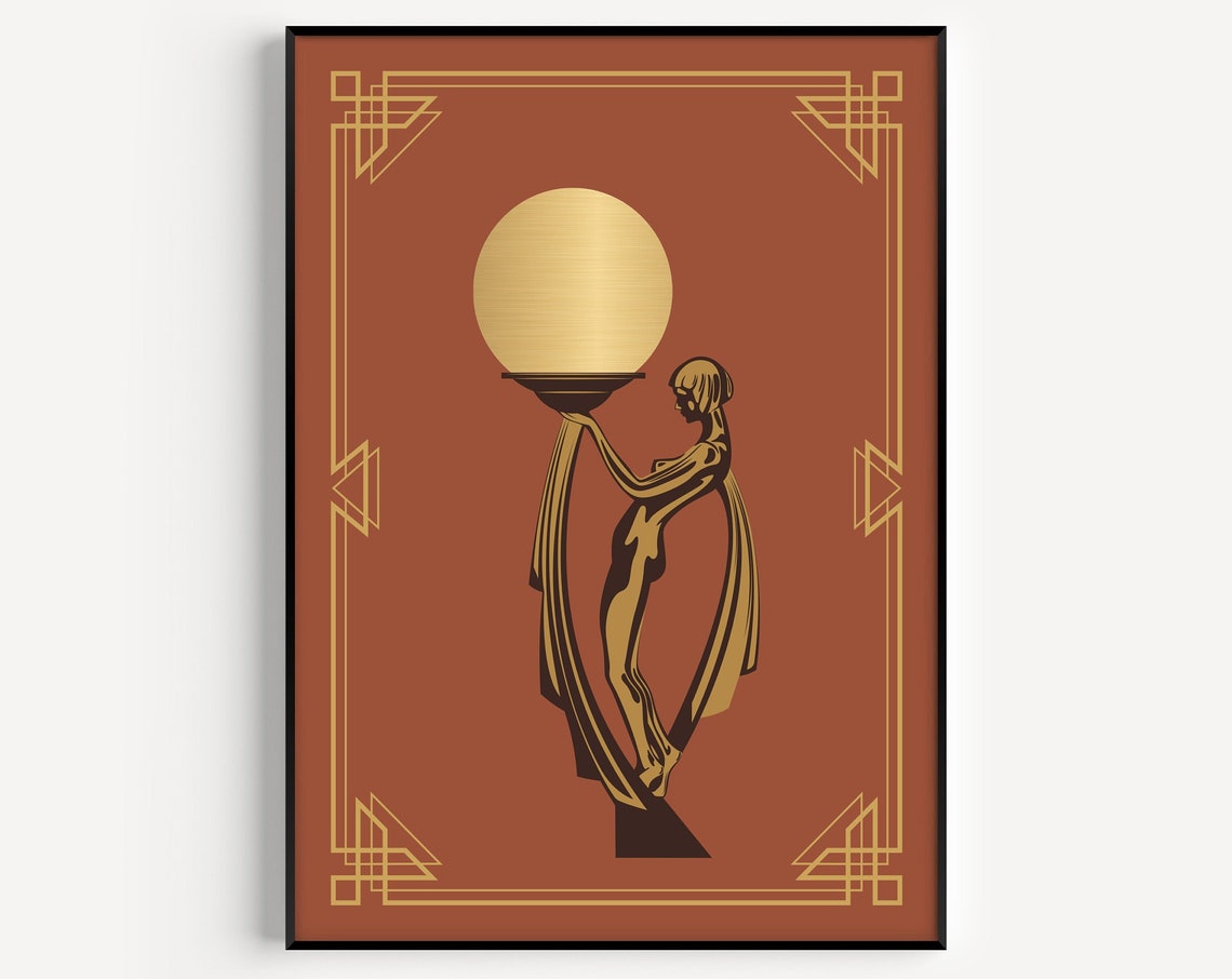Art Deco Lady Gold Sun Moon Orange Vintage Glamour Wall Poster