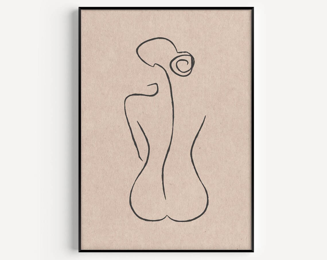 Line Art Print Woman Body Neutral Wall Nude Prints Minimalist Beige