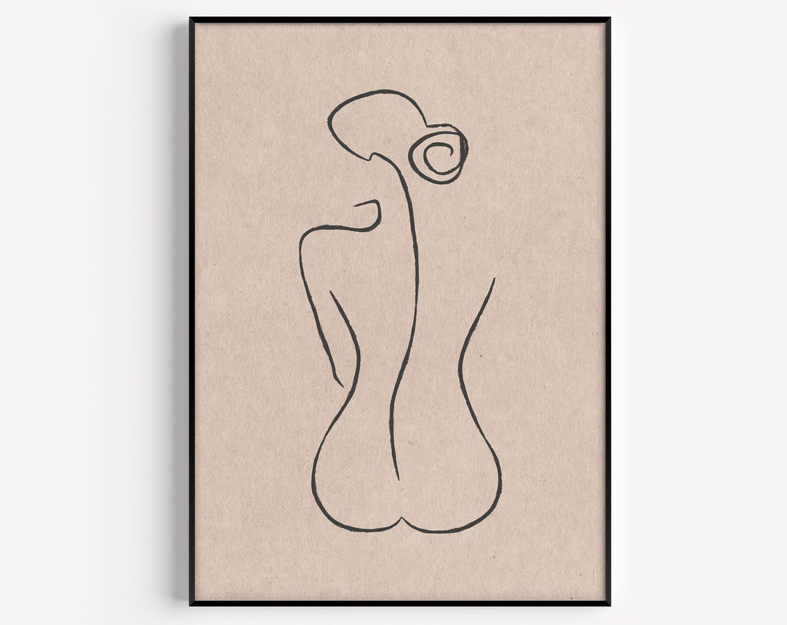 Minimalist One Line Woman Back Figure Abstract Beige Wall Art