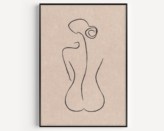 Line Art Print Woman Body Neutral Wall Nude Prints Minimalist Beige