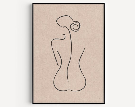 Minimalist One Line Woman Back Figure Abstract Beige Wall Art