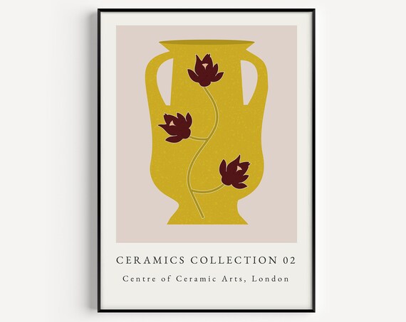 Ceramics Collection Exhibition Mustard Vase Lotus Floral Design Print