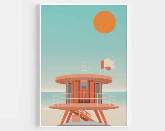 Minimalist Lifeguard Tower Beach Retro Coastal Sunset Artwork Print