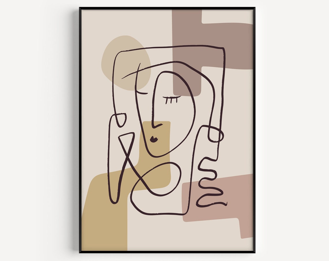 Abstract Line Art Woman Face Beige Neutral Modern Minimalist Art Print