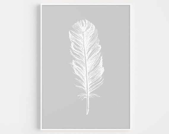 Feather Print Grey Wall Art Prints Minimalist