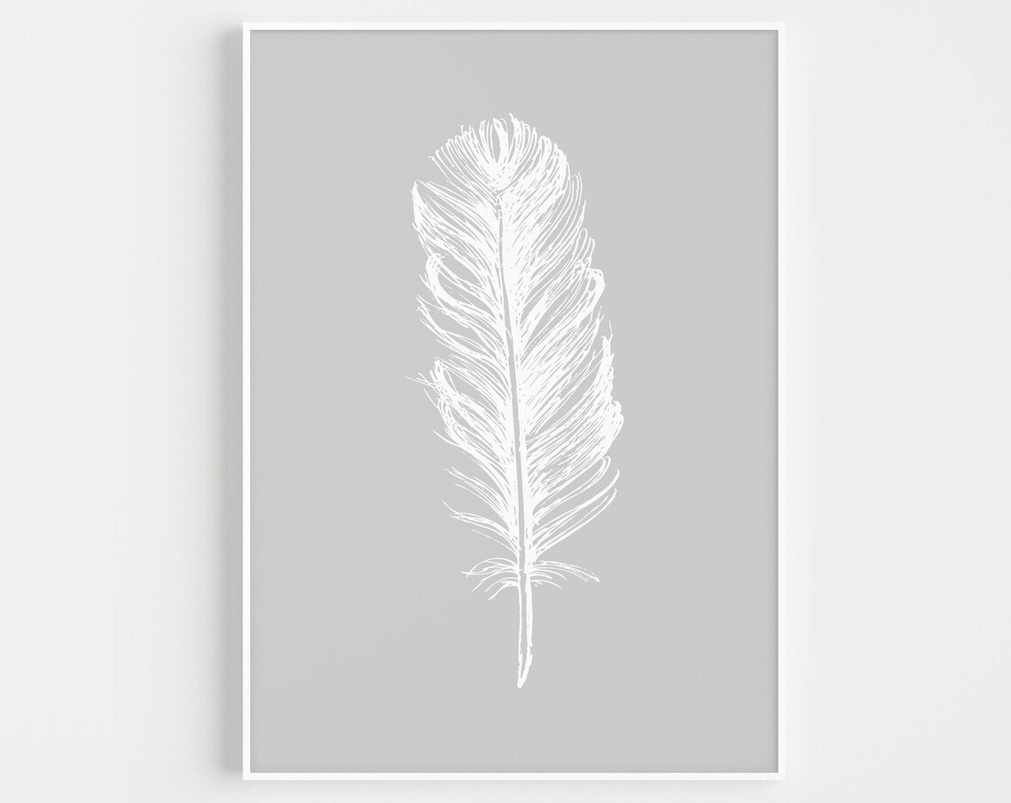 Feather Print Grey Wall Art Prints Minimalist