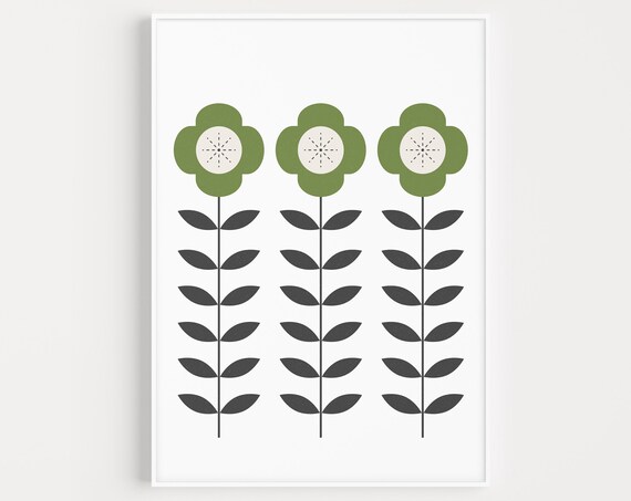 Folk Print Nordic Green Flower Art Print