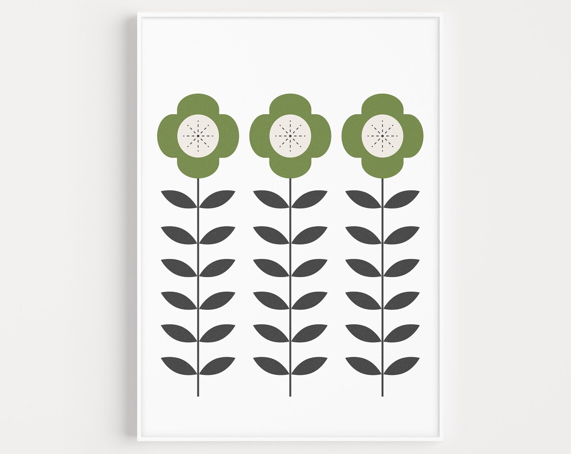 Folk Print Nordic Green Flower Art Print