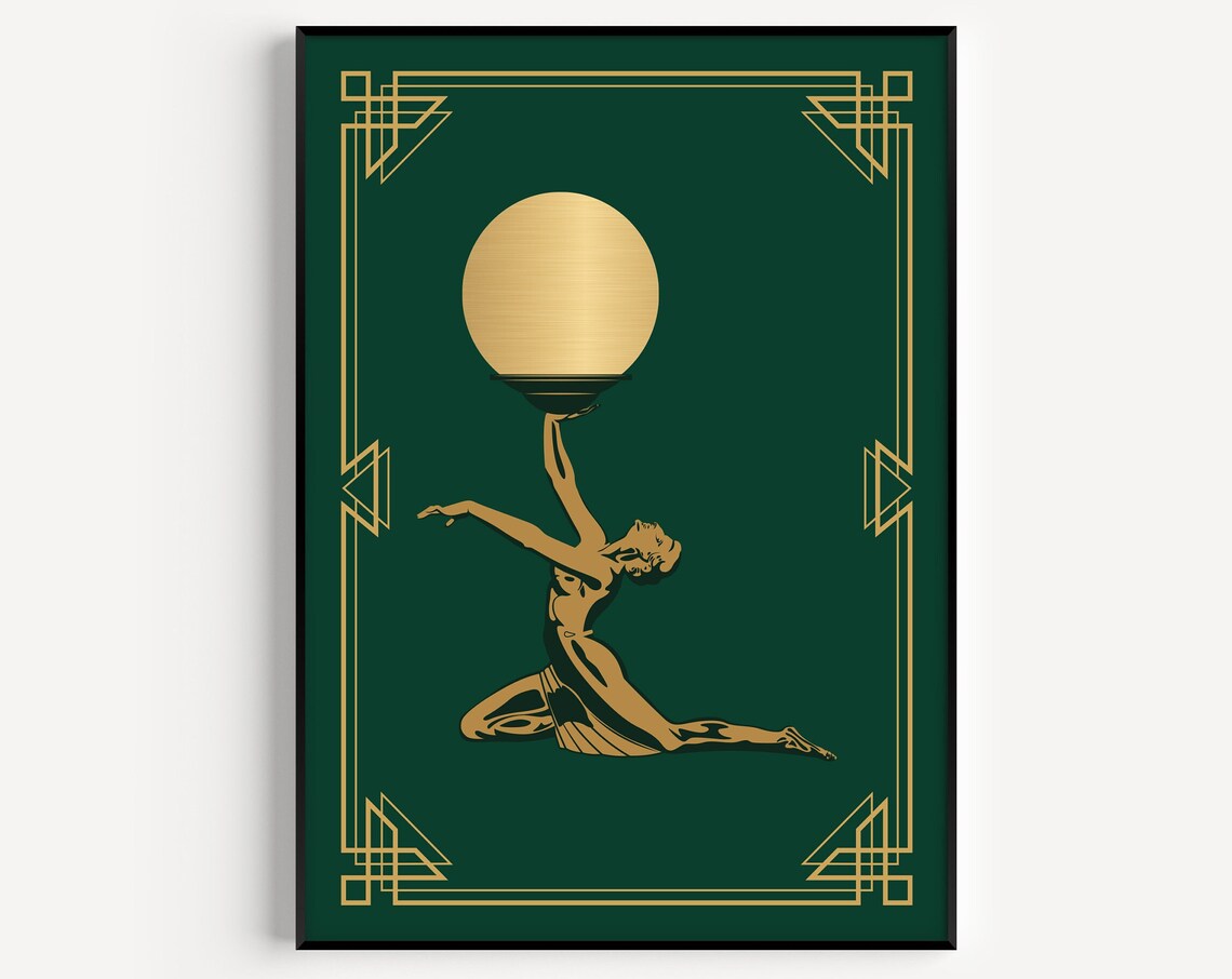 Art Deco Gold Woman Moon Orb Emerald Green 1920s Style Wall Art