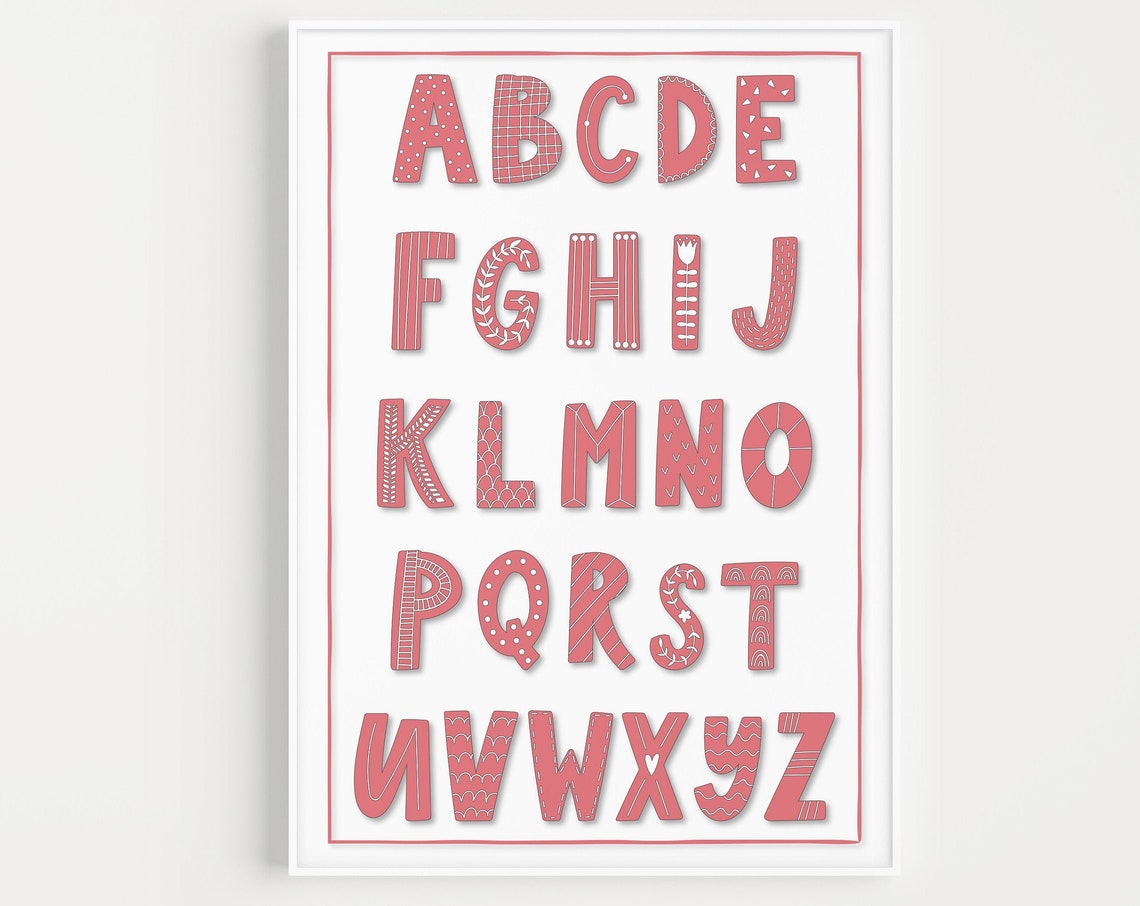 Alphabet Print Nursery Poster Girls Wall Art Scandinavian Pink