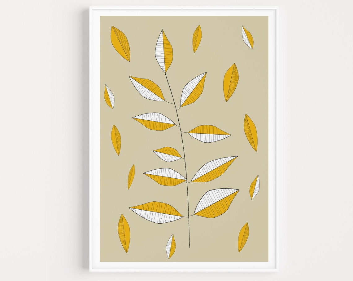 Mid Century Modern Yellow Leaf Branch Botanical Minimalist Print