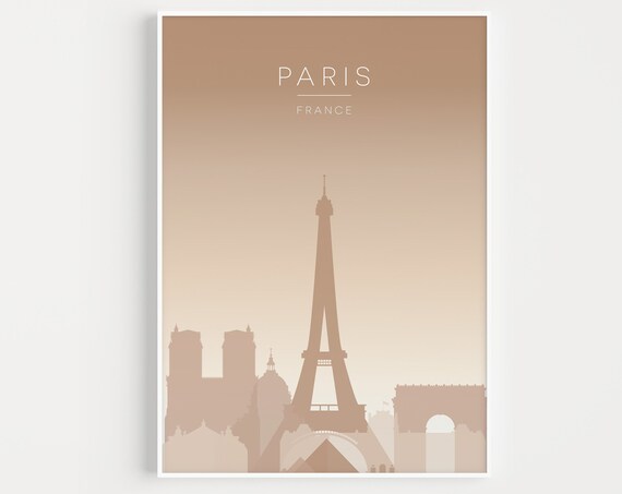 Paris France Beige Neutral Eiffel Tower Skyline Silhouette Poster