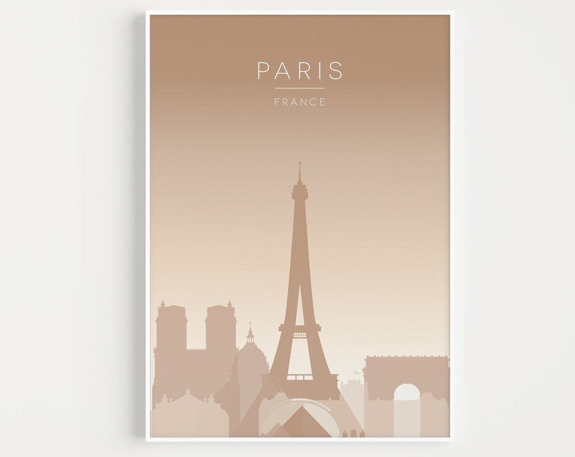 Paris France Beige Neutral Eiffel Tower Skyline Silhouette Poster