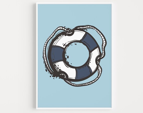 Nautical Life Preserver Ring Navy White Coastal Bathroom Print