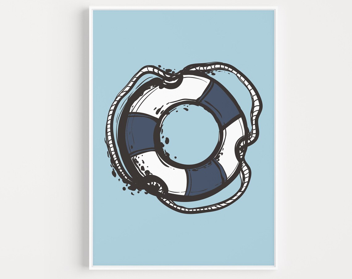 Nautical Life Preserver Ring Navy White Coastal Bathroom Print