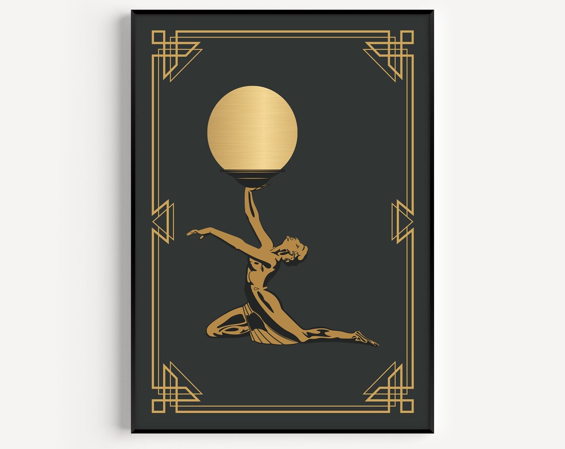 Black And Gold Art Deco Dancer Holding Golden Moon Sun Poster