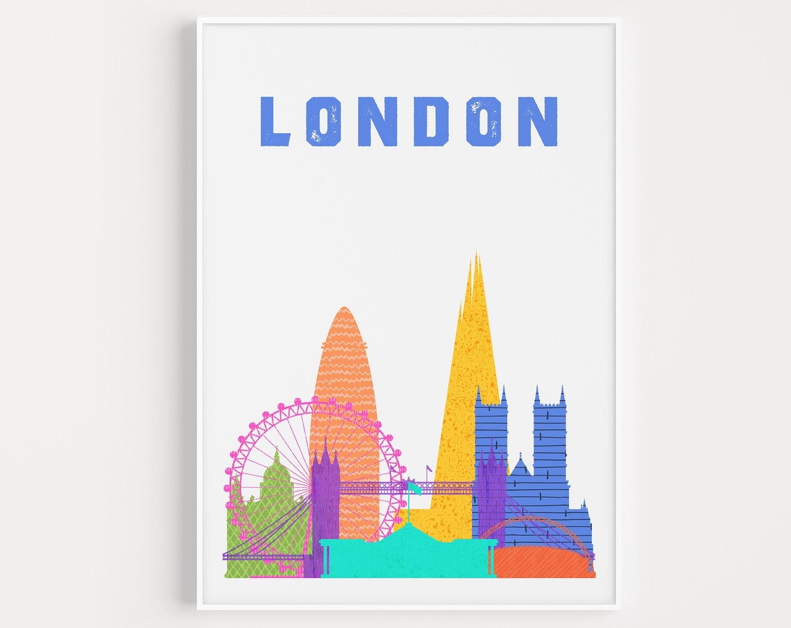 London Skyline Colorful Pop Art Landmarks Typography Wall Art