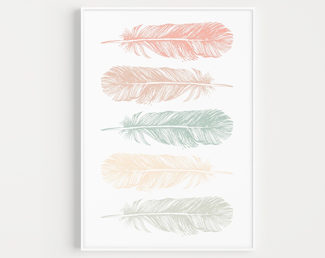 Five Pastel Feathers Vertical Row Soft Minimalist Nursery Wall Art