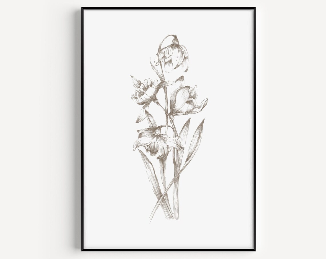 Flower Print Wall Art Botanical White Minimalist Scandinavian