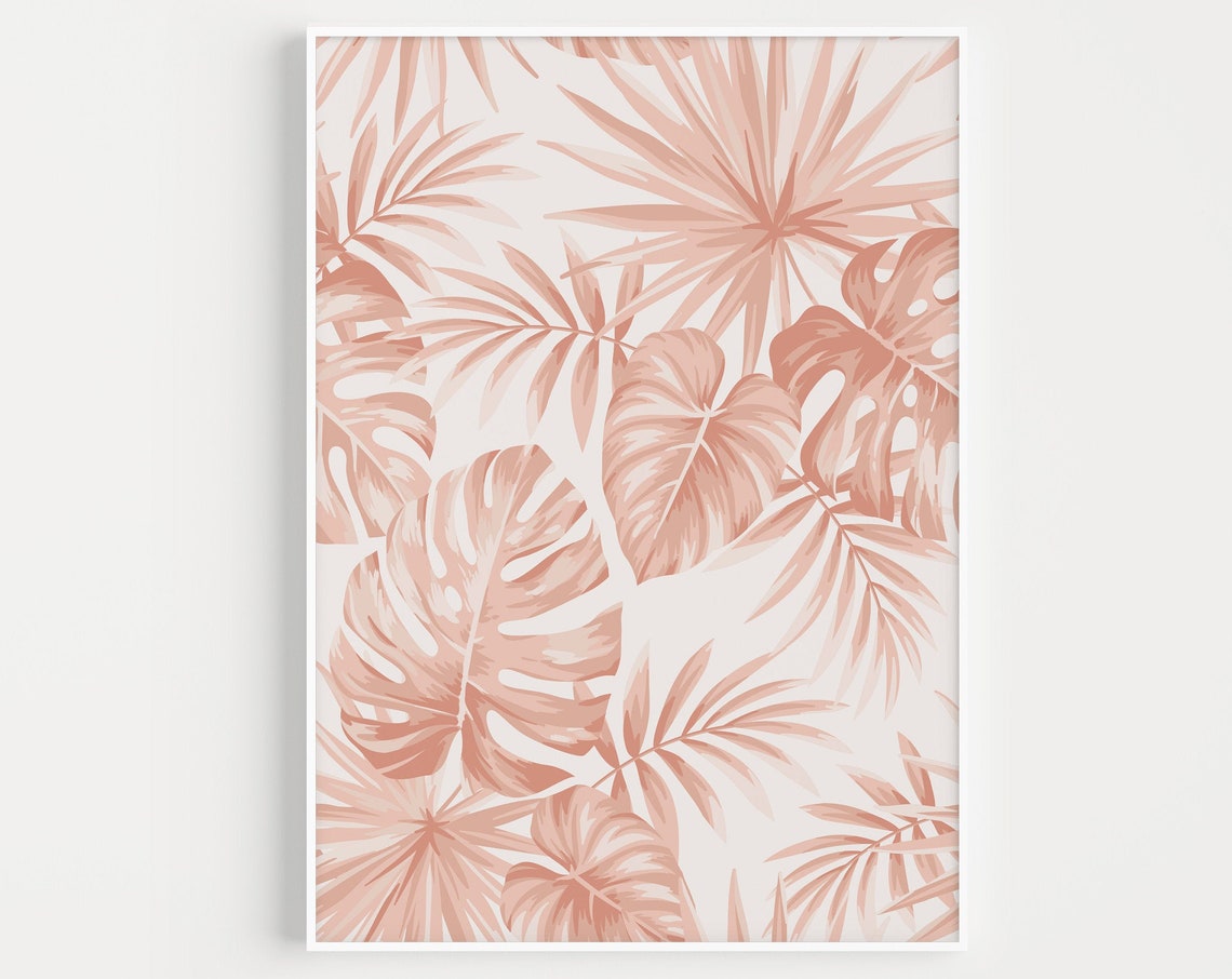 Blush Pink Monstera Palm Leaf Botanical Pattern Tropical Wall Poster