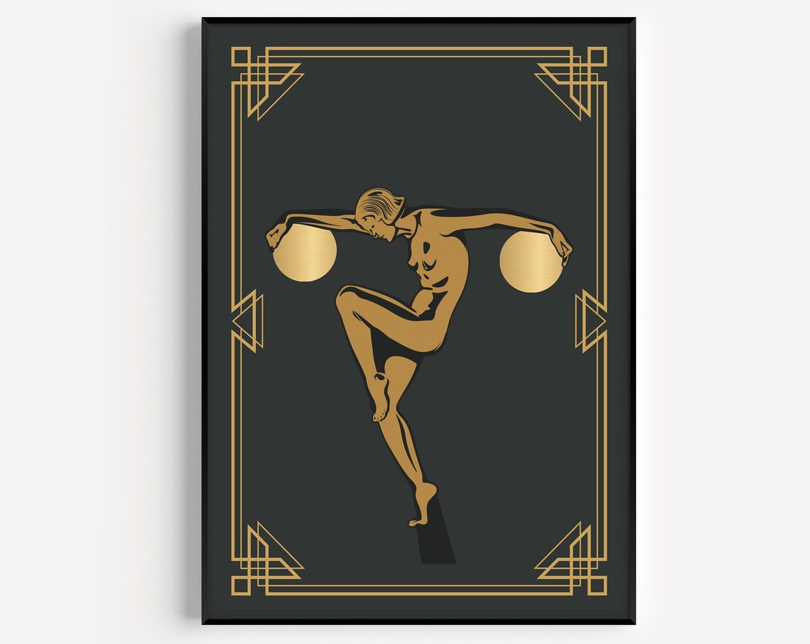 Art Deco Gold Dancing Figure Black Background Glamour Wall Art