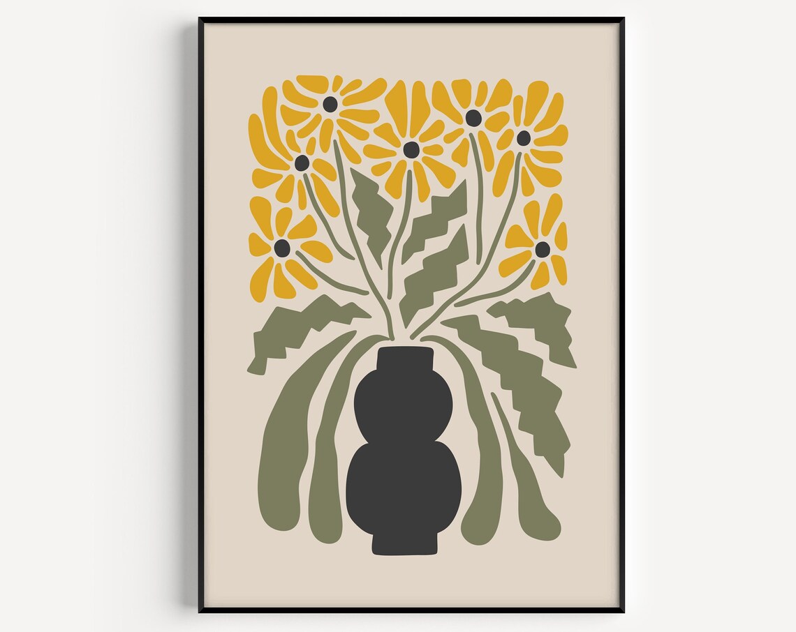Yellow Print Flower Vase, Mid-Century Minimalist Art Print