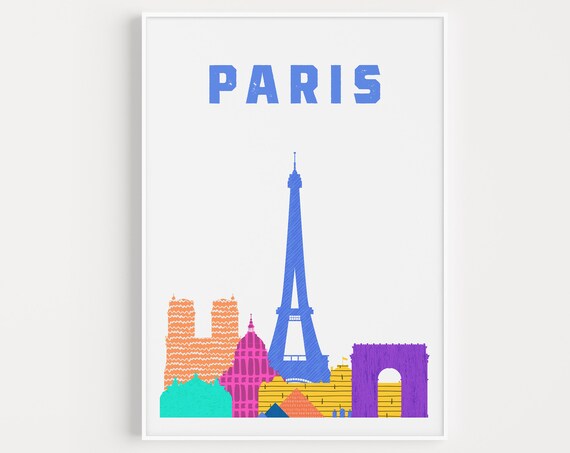 Paris France Colorful Modern Eiffel Tower Skyline Travel Poster