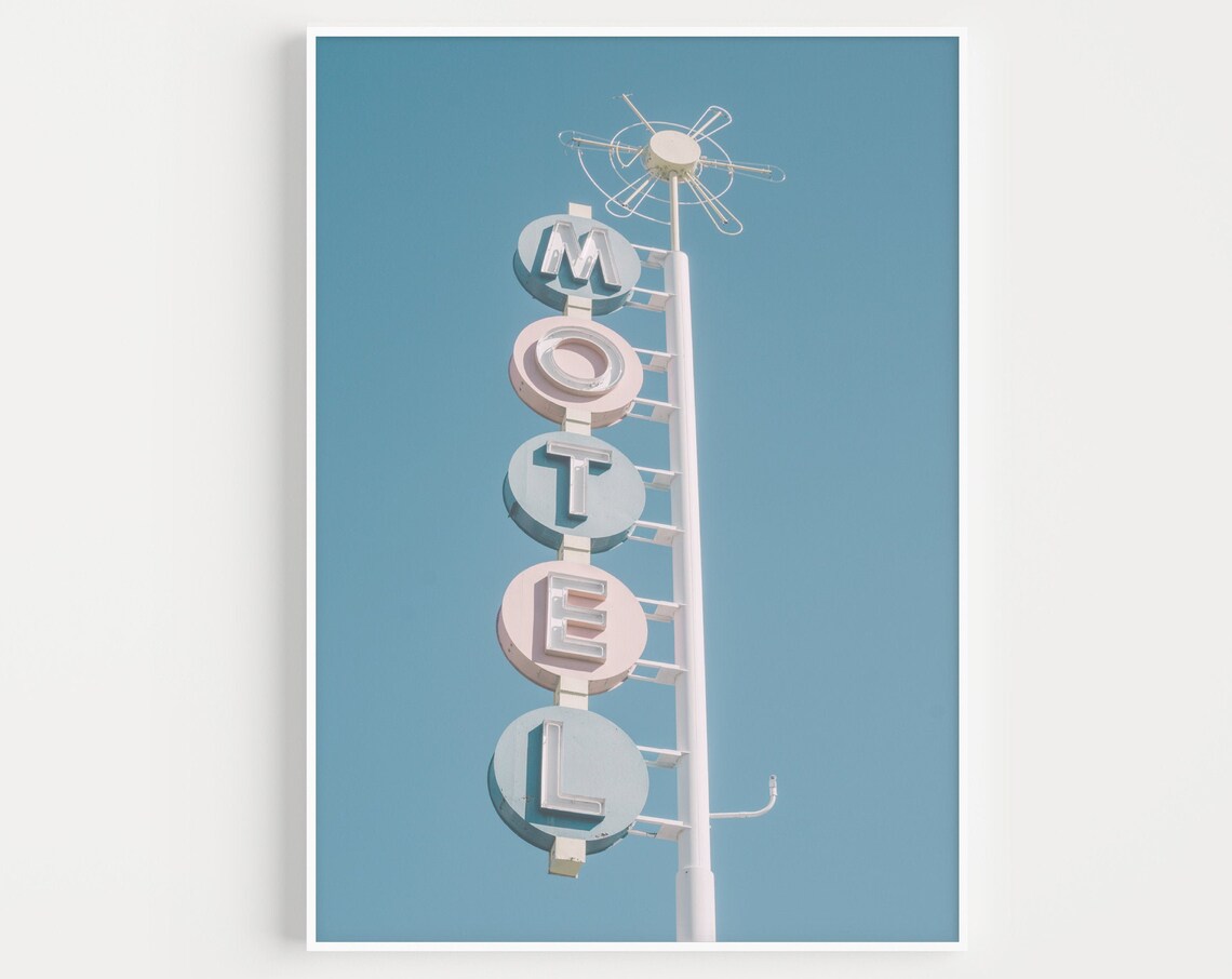 Retro Motel Sign Photo Print Pastel Neon Blue Pink Americana Decor