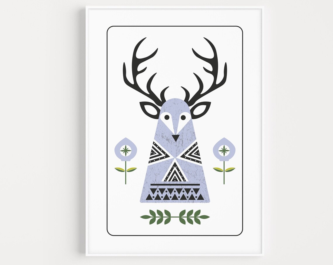 Scandinavian Geometric Purple Stag Nordic Deer Folk Art Poster
