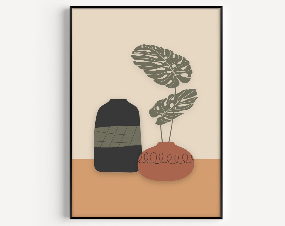 Botanical Vase Poster Monstera Leaves Terracotta Neutral Boho Decor