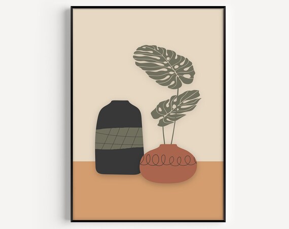 Botanical Vase Poster Monstera Leaves Terracotta Neutral Boho Decor